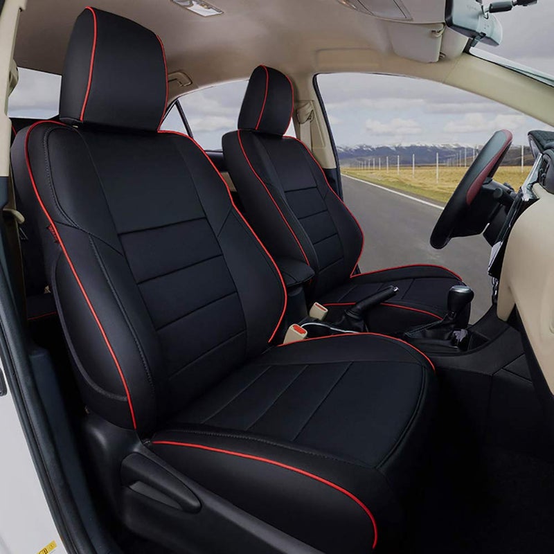 EKR Custom Fit Car Seat Covers for Toyota Camry L LE XLE 2012-2017 - Full Set, Leather (Black with Red Trim)
